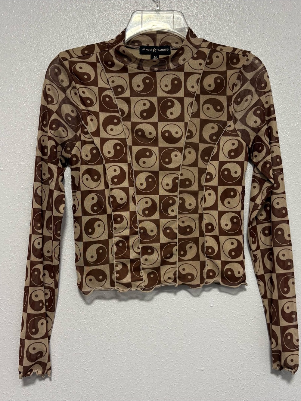 Almost Famous Y2K Brown Yin Yang Checkered Mesh Top - Size M